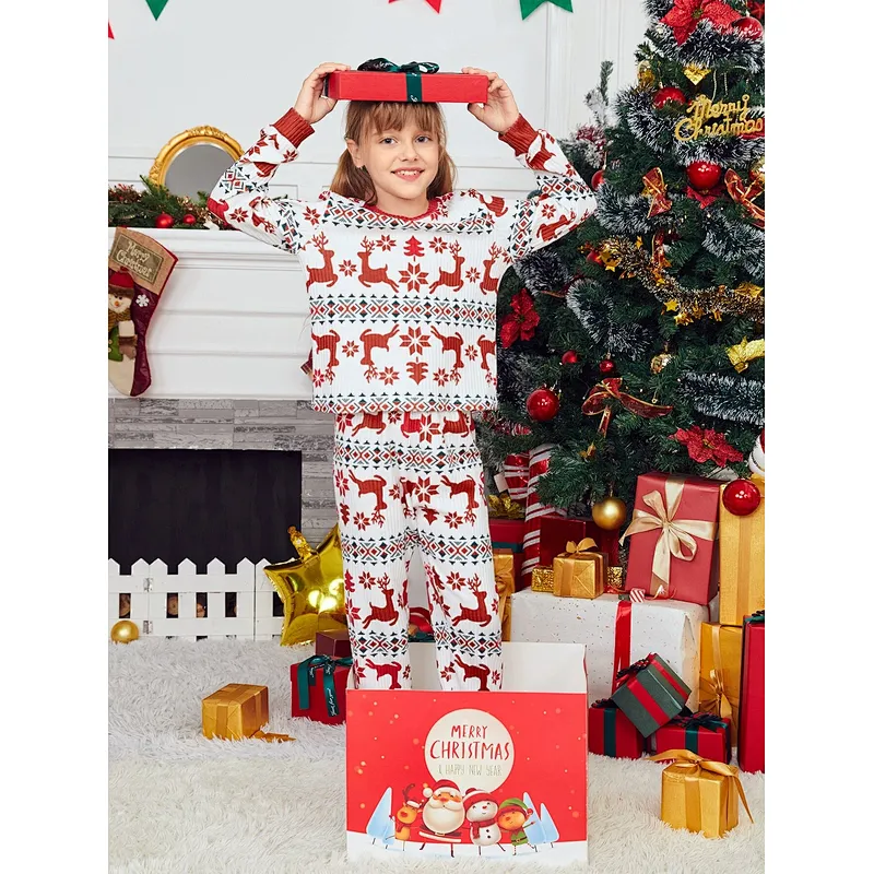 Custom New Arrival Adult and Kids Christmas Pjs 100% Cotton Rib Mommy and Me Matching Christmas Print Pajama Set
