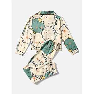 Cute Custom Girls Sleepwear Cartoon Graphic Lapel Collar Viscose from Bamboo Kids Pajamas