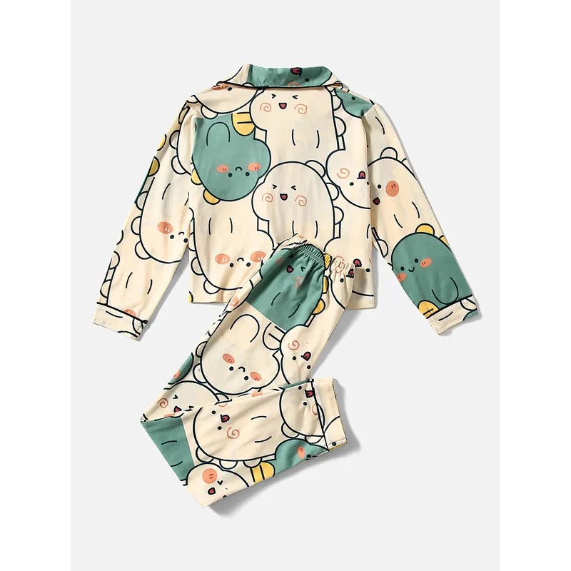 Cute Custom Girls Sleepwear Cartoon Graphic Lapel Collar Viscose from Bamboo Kids Pajamas
