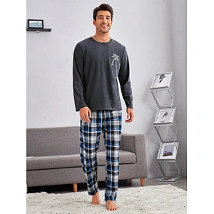 Custom Cotton Men's Sleepwear Palm Tree Print Sleep Tee & Plaid Sleep Pants Pajamas Man