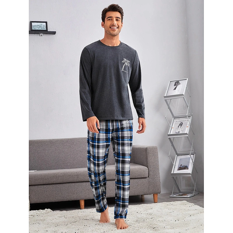 Custom Cotton Men's Sleepwear Palm Tree Print Sleep Tee & Plaid Sleep Pants Pajamas Man