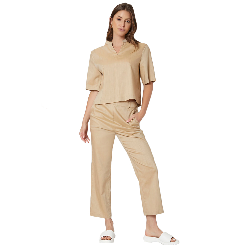 Casual Loungewear Straight Fit Short SleeveTop & Pants Set Womens Linen Set