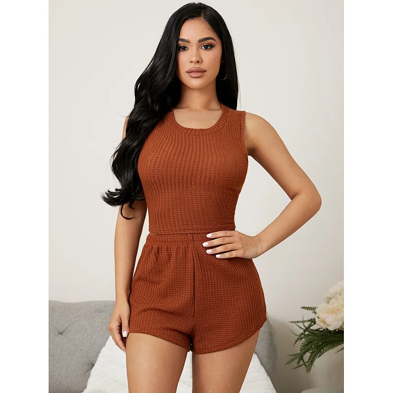 Waffle Knit Tank Top & Shorts Lounge Wear Sets Women Summer Wholesale Loungewear