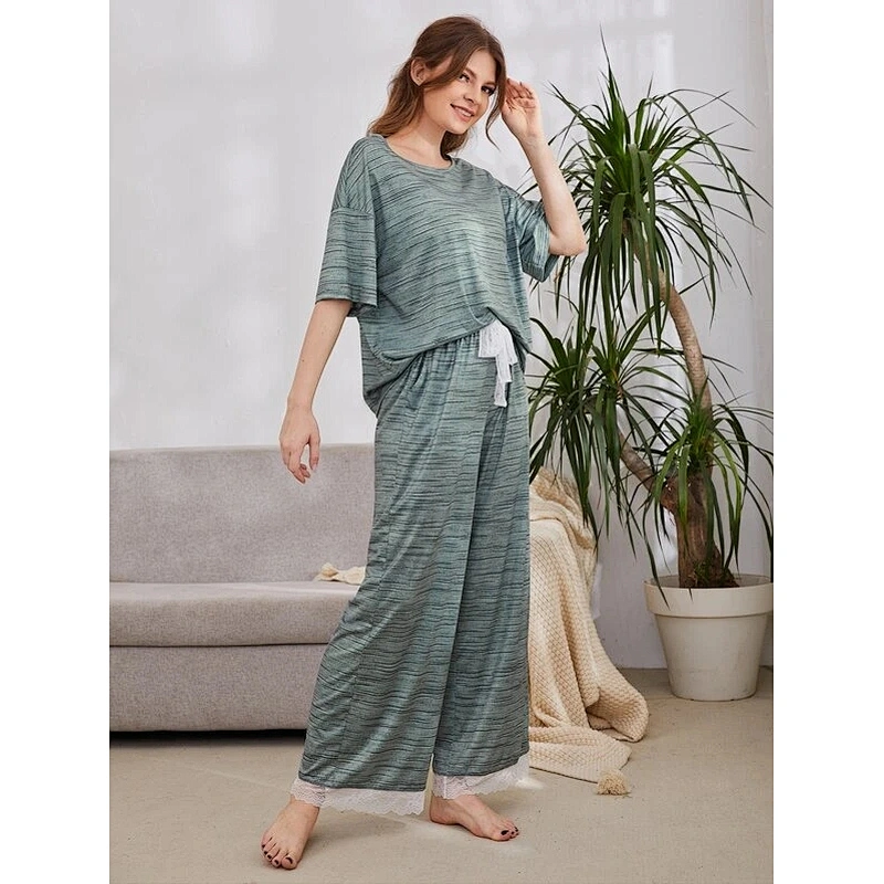 Short Sleeve Drop Shoulder Bamboo Viscose Sleepwear Set Tee & Lace Trim Pants Women Pajamas