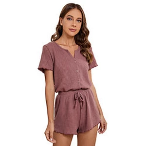 Wholesale Waffle Knit Notched Neck Femme Pour Pyjamas Cozy Women Pajamas Cotton Women Lounge Wear Sets