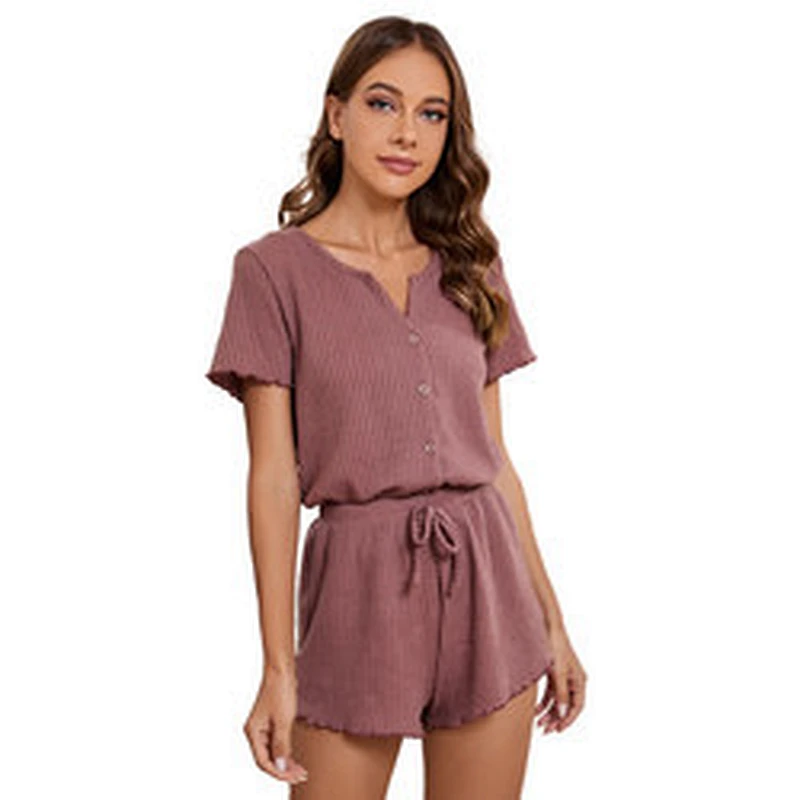 Wholesale Waffle Knit Notched Neck Femme Pour Pyjamas Cozy Women Pajamas Cotton Women Lounge Wear Sets