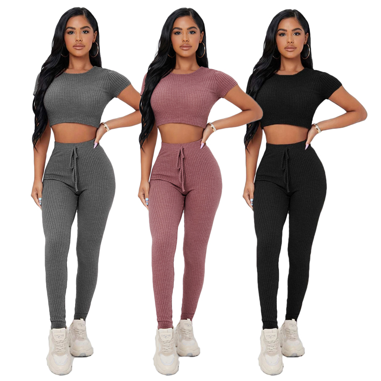 Waffle Knit Crop Tee & Tie Waist Leggings Set Custom Woman Lounge Wear Sets