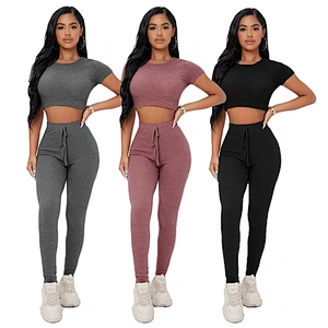 Waffle Knit Crop Tee & Tie Waist Leggings Set Custom Woman Lounge Wear Sets