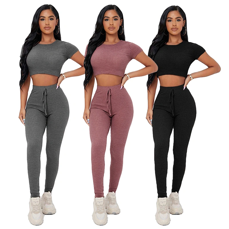 Waffle Knit Crop Tee & Tie Waist Leggings Set Custom Woman Lounge Wear Sets