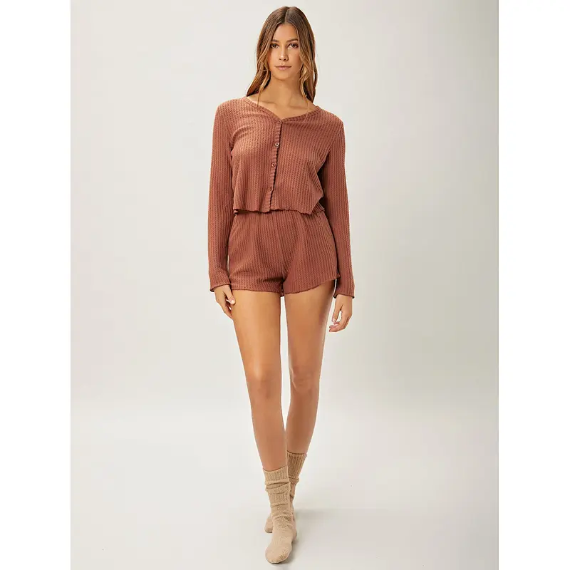 Wholesale Lounge Wear V Neck Button Front Tee & Shorts Lounge Set Women Loungewear Sets