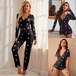 Custom Valentine Pajamas Women Button Front Romper Heart Print Valentine's Day Onesie