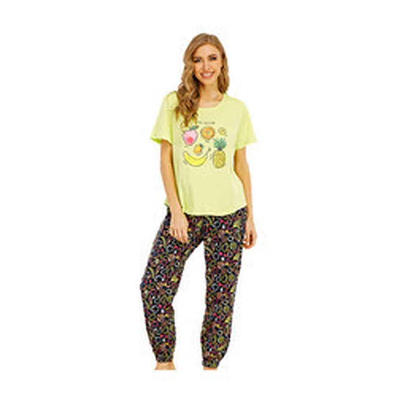 100% Cotton Short Printing Knitted Home Sleep wear Women Round-Collar OEM Popular Pyjamas Set