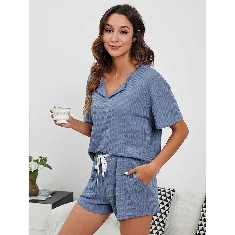 Cotton Pajamas for Women Set Drop Shoulder Pajamas Short Sleeve Waffle Knit Summer Pajamas Suits