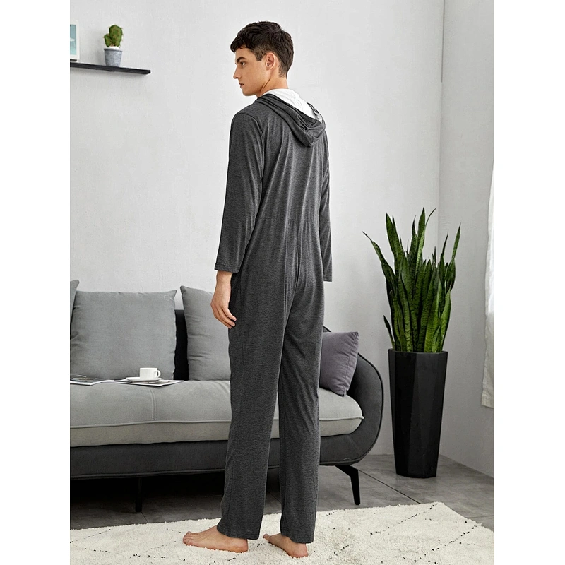 Contrast Panel Zipper Drawstring Hooded Men Sleep jumpsuit Hoodie Onesie