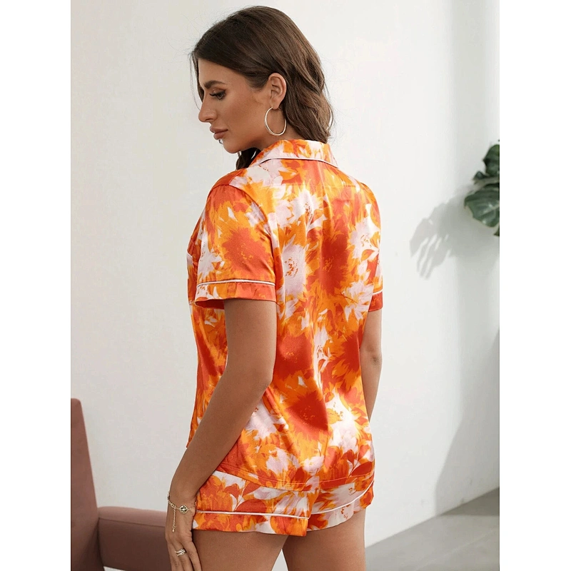 Floral Print Pajama Set Women Satin Patched Pocket Satin Short Sleeve Woman Pajamas Contrast Piping Satin Womens Pajamas Set