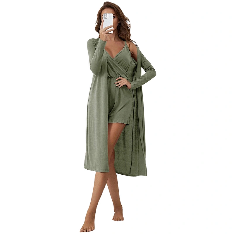 2022 Ladies Women 2 Pieces Solid Cami Romper Belted Robe Lounge Set