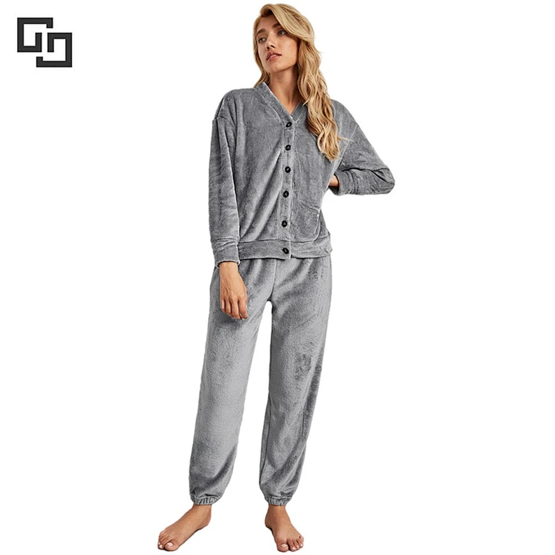 2022 Winter Custom Design Plus Size Women's Sleepwear Piajama Lounge Wear Set Flannel Pijama Solid Pajama Sets For Women
