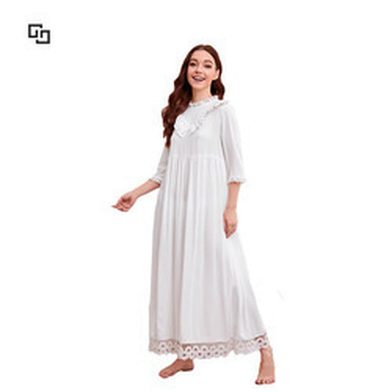OEM Full Length Lounge Dress Nightgown Eyelet Embroidered Ruffle Trim Girl Night Dress