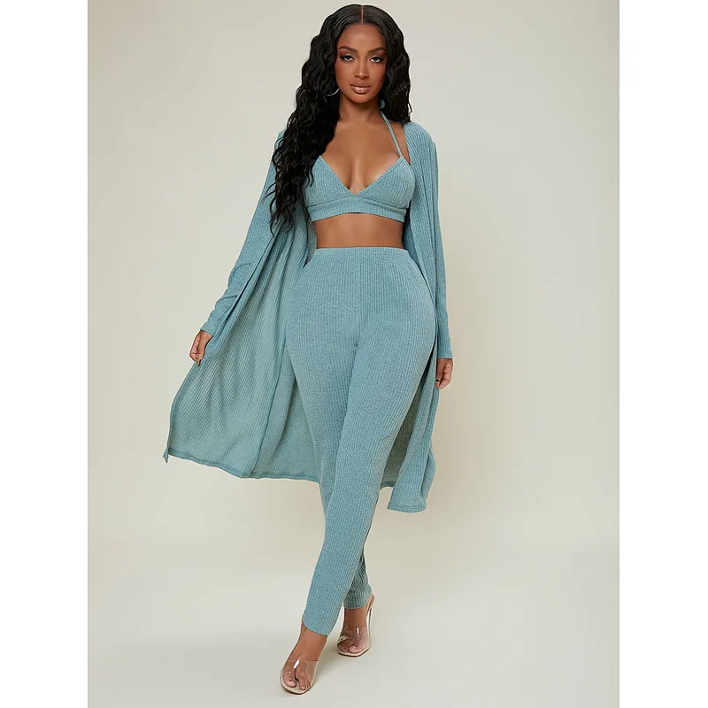 Long Sleeve Casual Lounge Wear 3pcs Solid Rib-knit Women Loungewear Sets