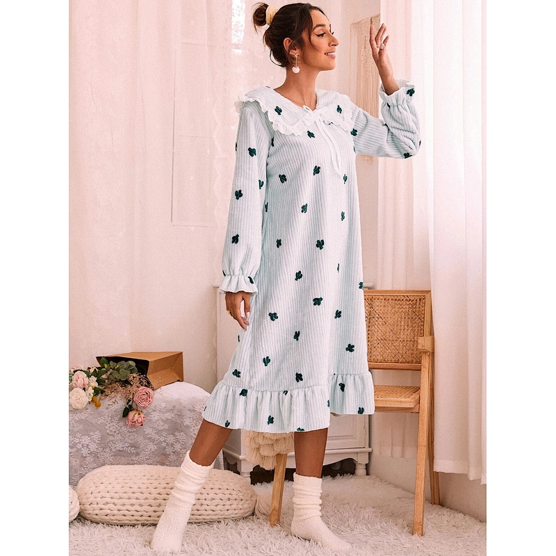 Winter Flannel Nightgown Cactus Pattern Bow Detail Ruffle Hem Night Gown Custom Woman Night Dresses