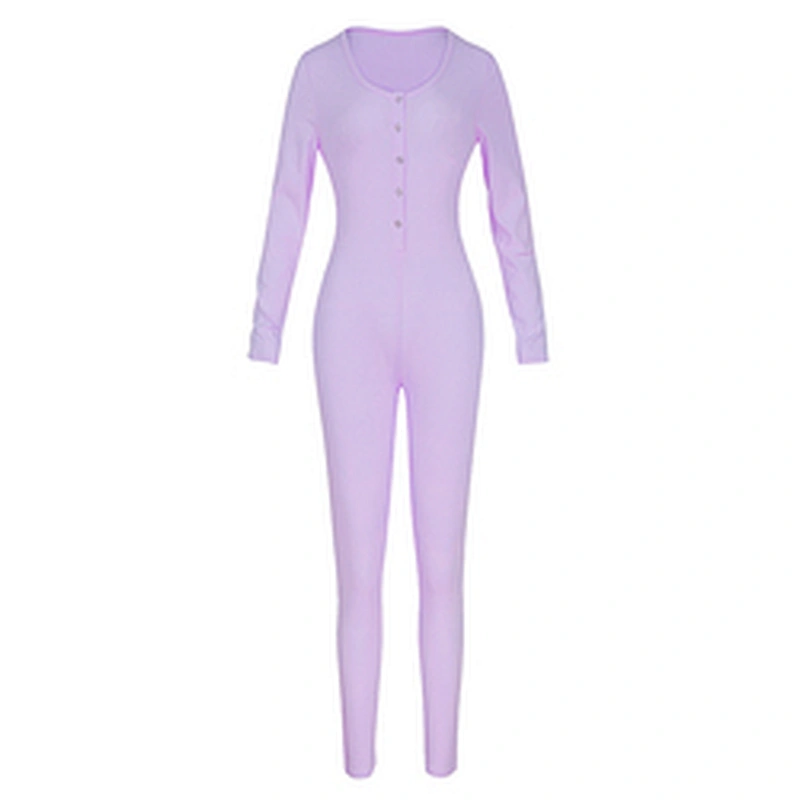 Custom Cozy Knit Adult Onesie Pajamas Solid Button Front Long Sleeve Jumpsuit for Women