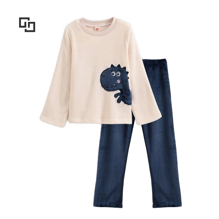 Wholesale Designer Boys Flannel Dinosaur Patched PJ Pajamas Set for Kids