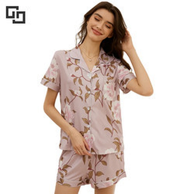 Short Sleeve Piping Women Pijamas Summer Modal Pjs Women 2 Pieces Viscose from Bamboo Pajamas