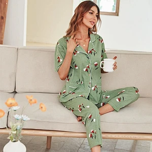 Mint Green Women's Pajamas Long Sleeve Floral Print Pajama Women Set Cotton Binding Womens Cotton Pajama Set