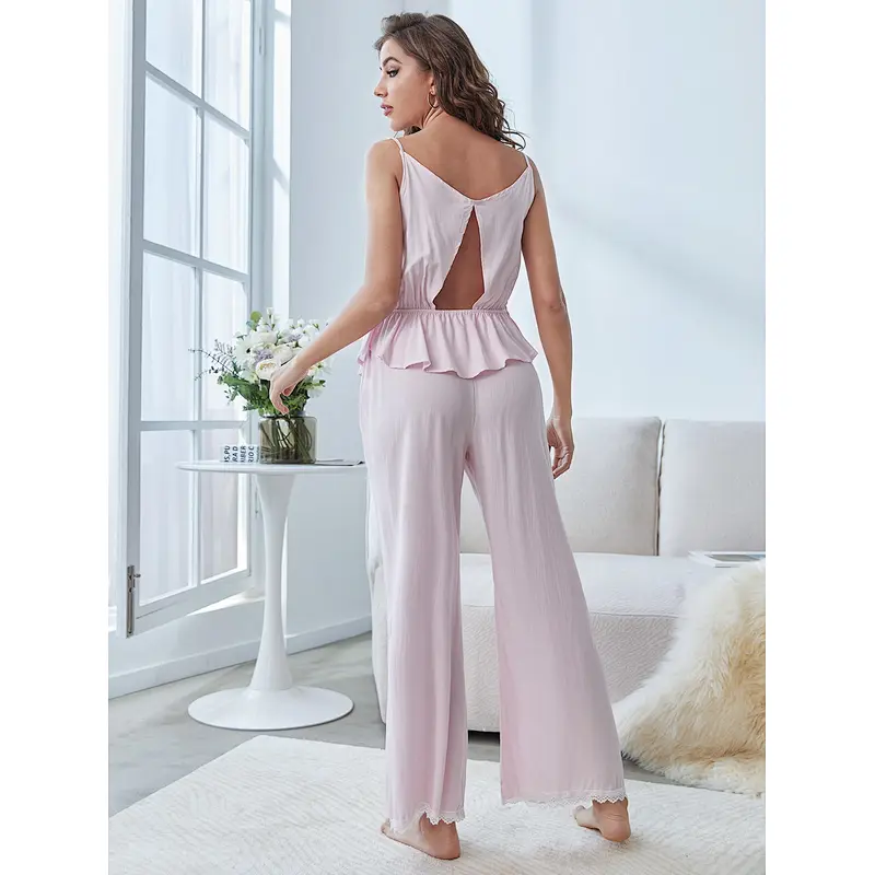 Cami V Neck Lace 2 Piece Woman Sleepwear Pjs Cotton Pyjama Bamboo Pajamas For Women