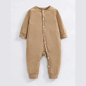 Spring Fall Baby Long Sleeve Rompers Round Neck Cartoon Graphic Striped Button Front Jumpsuit