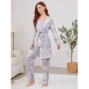 3pcs Floral Print Loungewear Cami Top and Pants Belted Robe Set Women Custom Viscose from Bamboo Pajamas