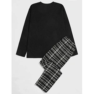 Adult Male Sleepwear Cotton Pocket Patched Tee & Plaid Print Bottoms Pants Pajamas for Men Set