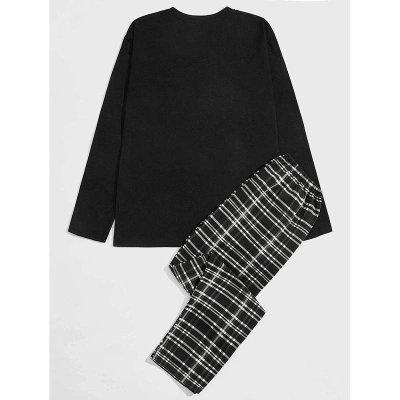 Adult Male Sleepwear Cotton Pocket Patched Tee & Plaid Print Bottoms Pants Pajamas for Men Set