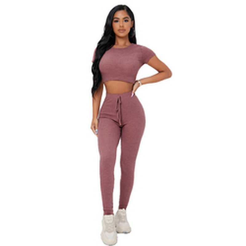 Waffle Knit Crop Tee & Tie Waist Leggings Set Custom Woman Lounge Wear Sets