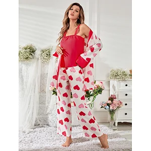 Cute Heart Print Contrast Binding Viscose from Bamboo Pajamas Custom Long Pyjamas Women Sleepwear