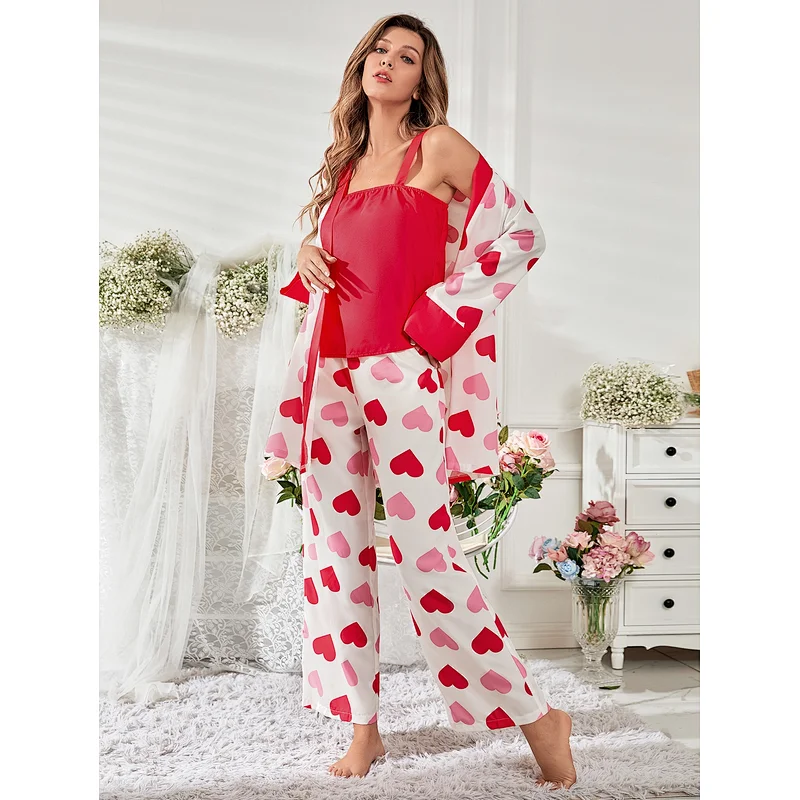 Cute Heart Print Contrast Binding Viscose from Bamboo Pajamas Custom Long Pyjamas Women Sleepwear