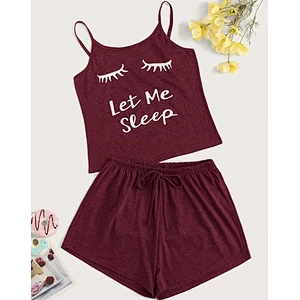 Burgundy pajamas set Graphic Camisole Sleepwear Short Pajama Set