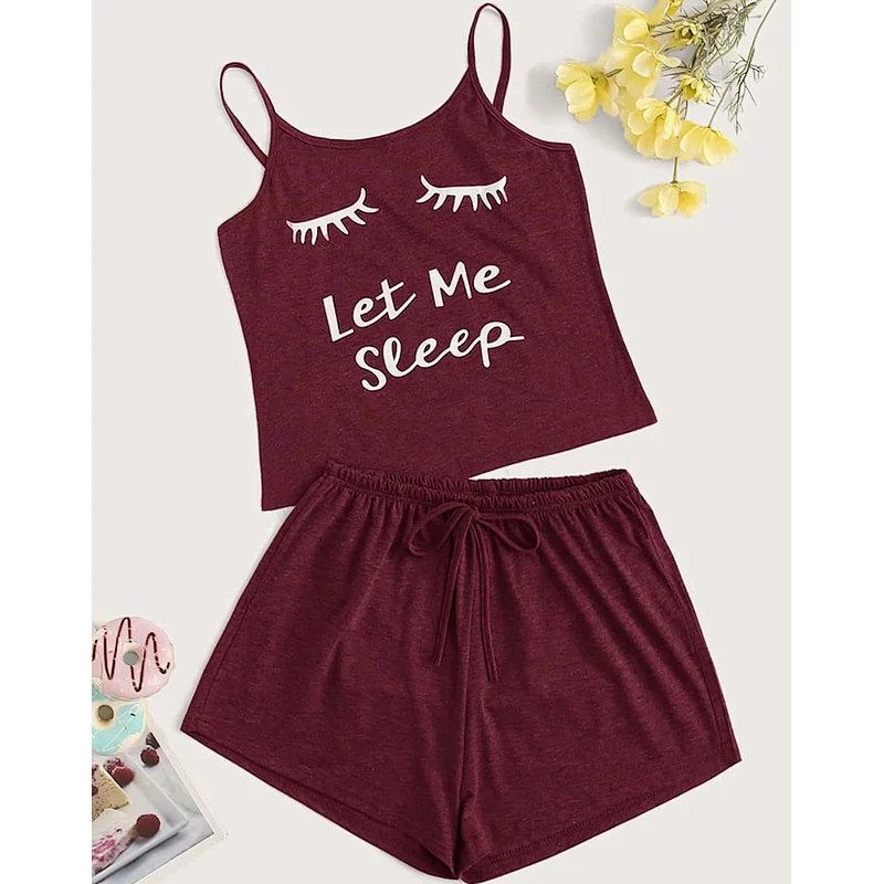 Burgundy pajamas set Graphic Camisole Sleepwear Short Pajama Set