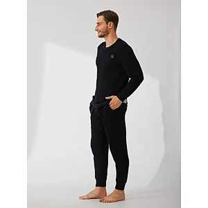 Mens Plush Fleece Sleepwear Warm Cozy Long Sleeve Top Bottom Nightwear Big and Tall Pajama Set