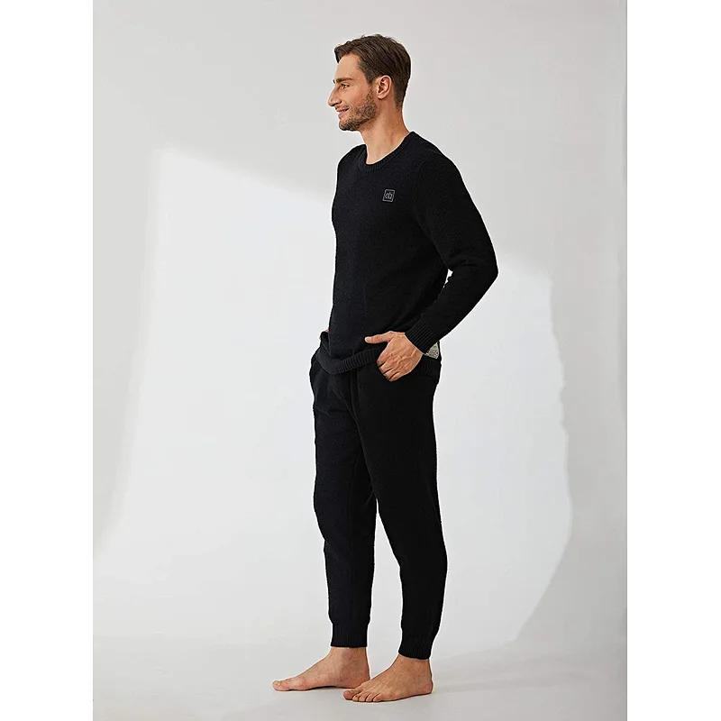 Mens Plush Fleece Sleepwear Warm Cozy Long Sleeve Top Bottom Nightwear Big and Tall Pajama Set