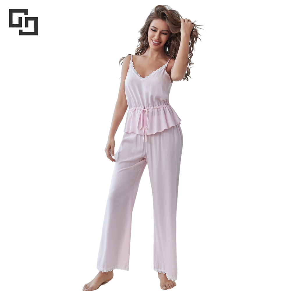 Cami V Neck Lace 2 Piece Woman Sleepwear Pjs Cotton Pyjama Bamboo Pajamas For Women