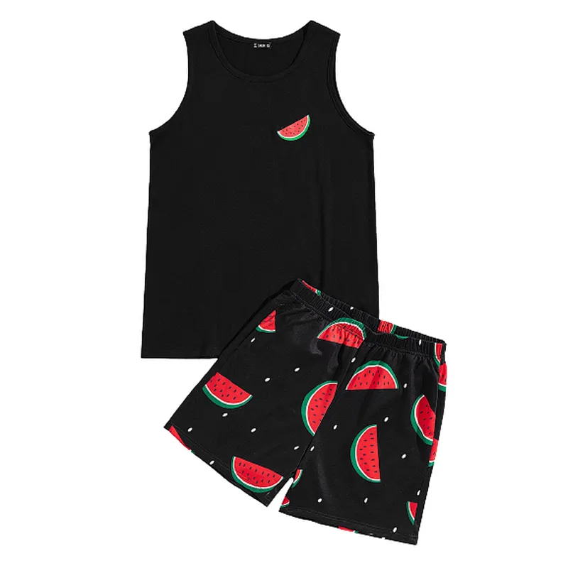 Factory supply 2 pieces knit printed100% cotton ribbed Pajamas private lable men watermelon print tank top shorts pajama set