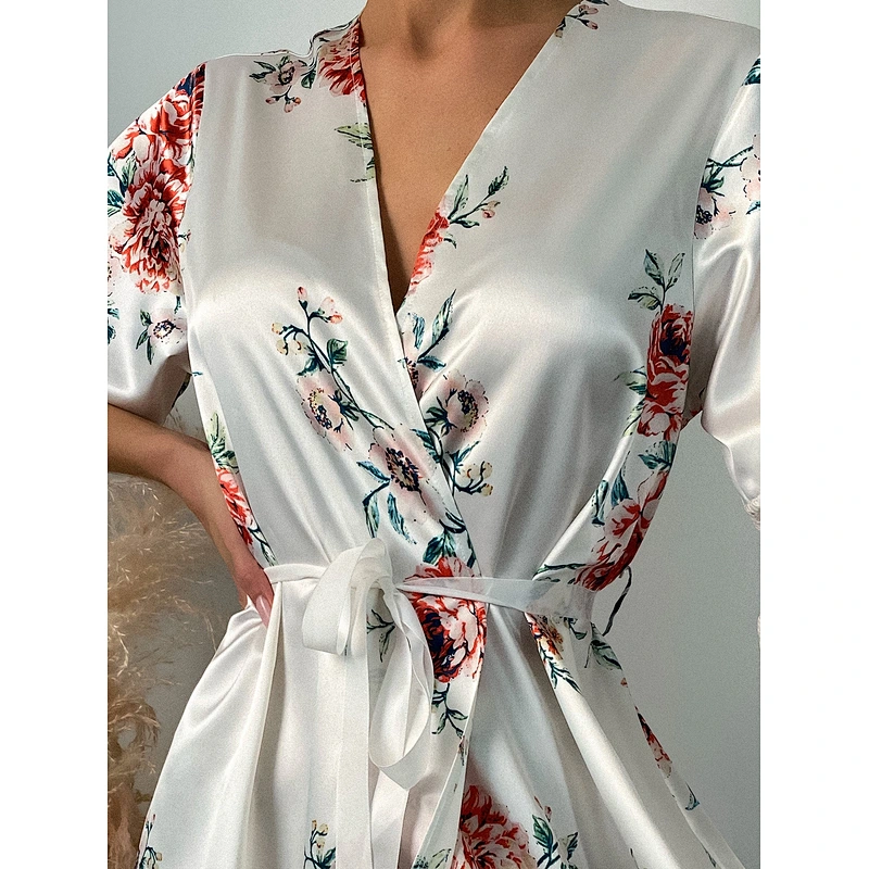 Spring Summer Floral Print Luxury Silk Robes Contrast Eyelash Lace Belted Satin Robe