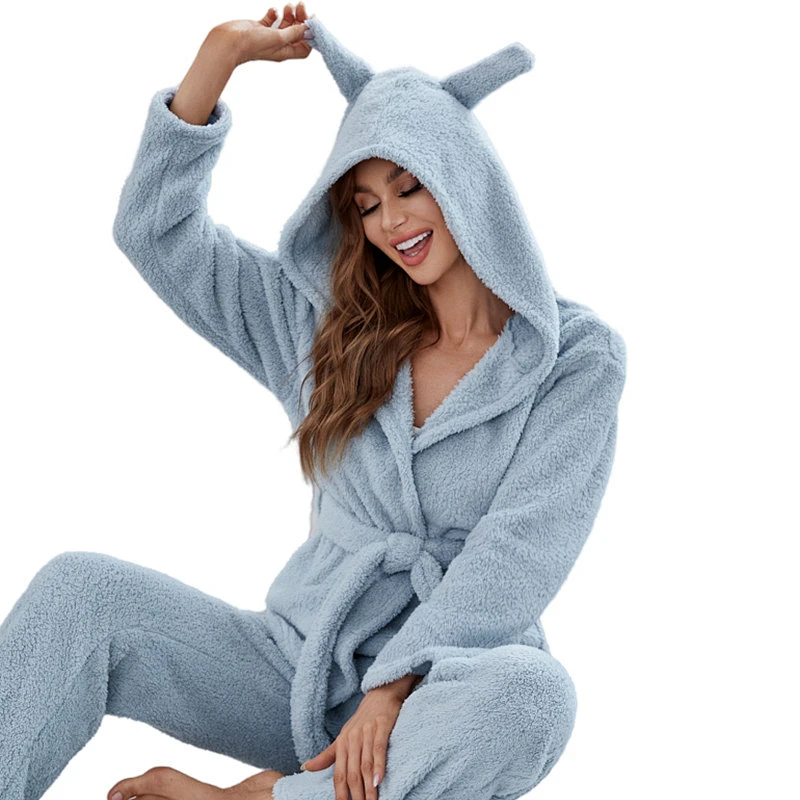 New Fleece Winter Belt Pyjama Pour Femmes Flannel Long Pjs Cozy Hooded Two Pieces Women Fuzzy Lounge Wear Sets