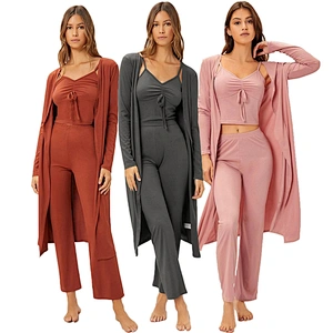 3Piece Lounge Wear Sets Women Ruched Bust Cami Top & Pants & Robe Loungewear