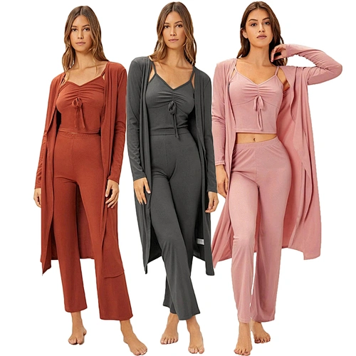 3Piece Lounge Wear Sets Women Ruched Bust Cami Top & Pants & Robe Loungewear