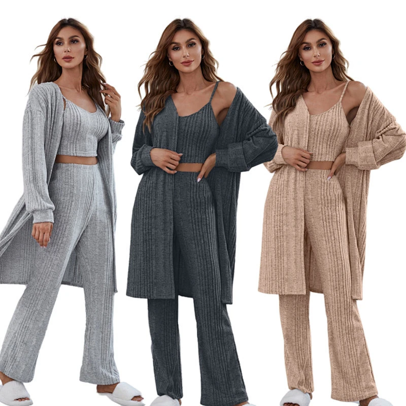 2022 New Femme Pyjama Loungewear Sets Ribbed Cami Pants Pajamas 3 Pieces Custom Women Lounge Wear