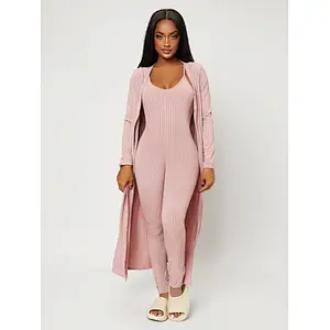 Custom 2 Piece Lounge Wear Sets Women Rib-knit Sleeveless Jumpsuit with Coat Loungewear