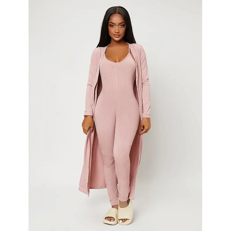 Custom 2 Piece Lounge Wear Sets Women Rib-knit Sleeveless Jumpsuit with Coat Loungewear