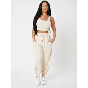 Custom Camisole Lounge Wear Solid Crop Tank Top And Sweatpants Joggers Set Women Loungewear Set